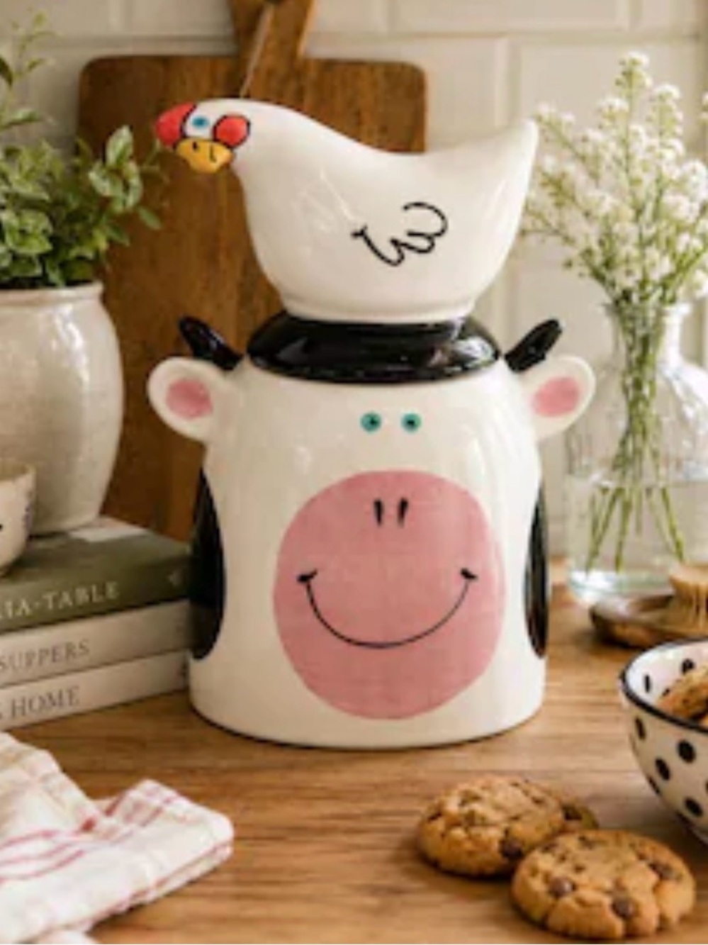 Whimsical Cow & Hen Ceramic Cookie Jar - White and Pink